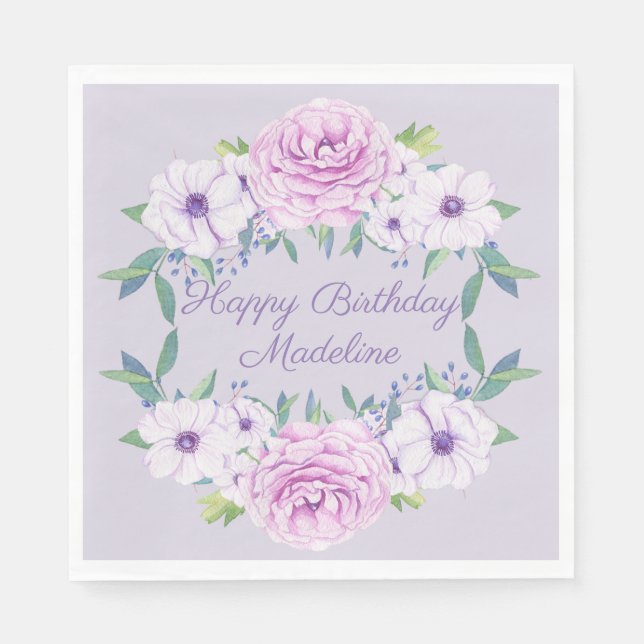Purple Lilac Lavender Floral Personalized Birthday Napkins (Front)