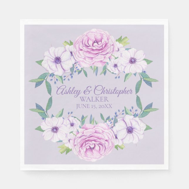 Purple Lilac Lavender Floral Personalized Wedding Napkins (Front)