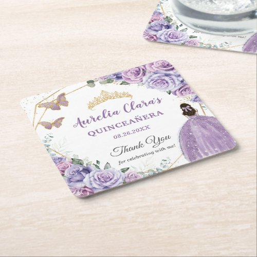 Purple Lilac Lavender Floral Quinceaera Princess  Square Paper Coaster