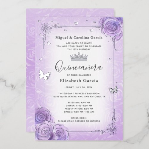 Purple Lilac Lavender Floral Quinceaera Silver Foil Invitation