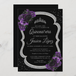 Purple Lilac Lavender Floral Quinceañera Silver Invitation