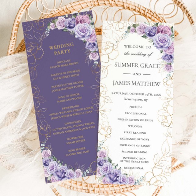 Purple Lilac Lavender Line Art Floral Wedding  Program (Creator Uploaded)