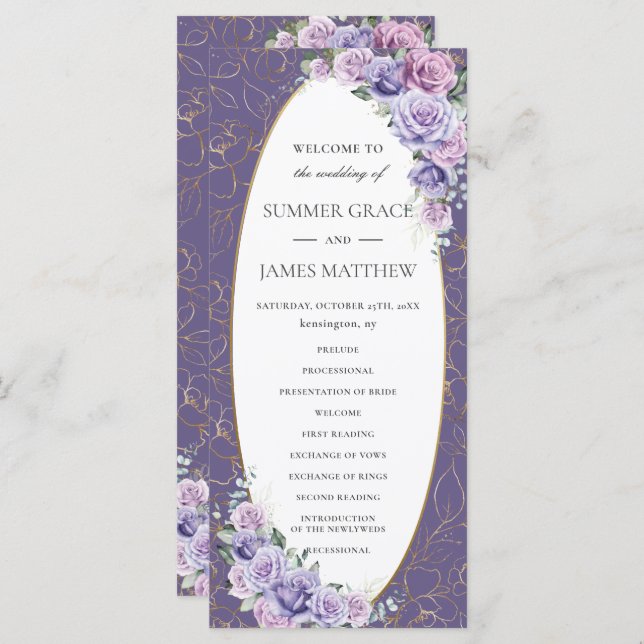 Purple Lilac Lavender Line Art Floral Wedding  Program (Front/Back)