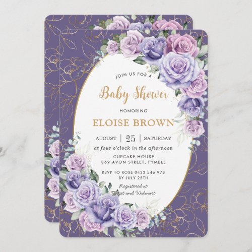 Purple Lilac Lavender Roses Floral Baby Shower  Invitation