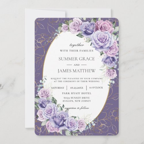 Purple Lilac Lavender Roses Floral Gold Wedding  Invitation