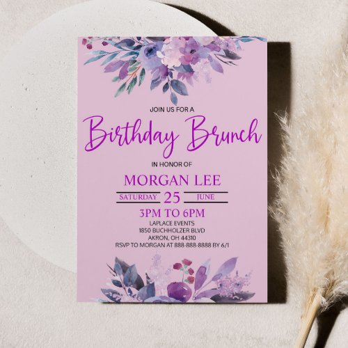 Purple Lilac Lavender Violet Birthday Party Brunch Invitation