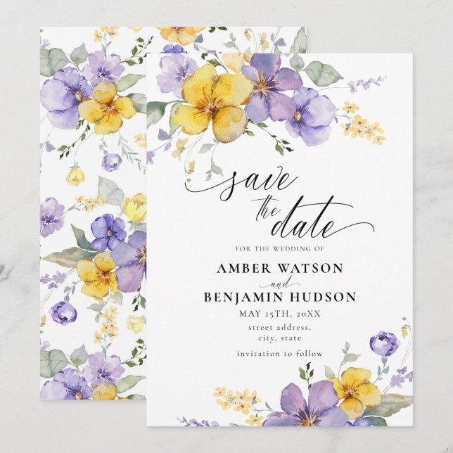 Purple Lilac Lavender Yellow Floral Save The Date Invitation (Front/Back)