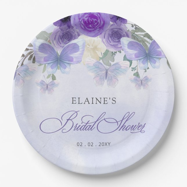 Purple Lilac Lifetime of Butterflies Bridal Shower Paper Plates (Front)