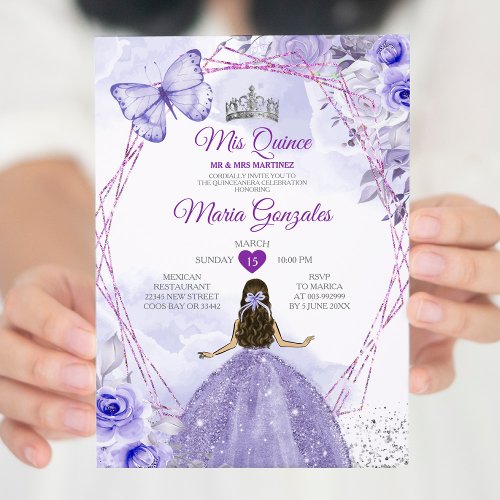 Purple Lilac Mis Quince 15 Anos Crown Quinceaera Invitation