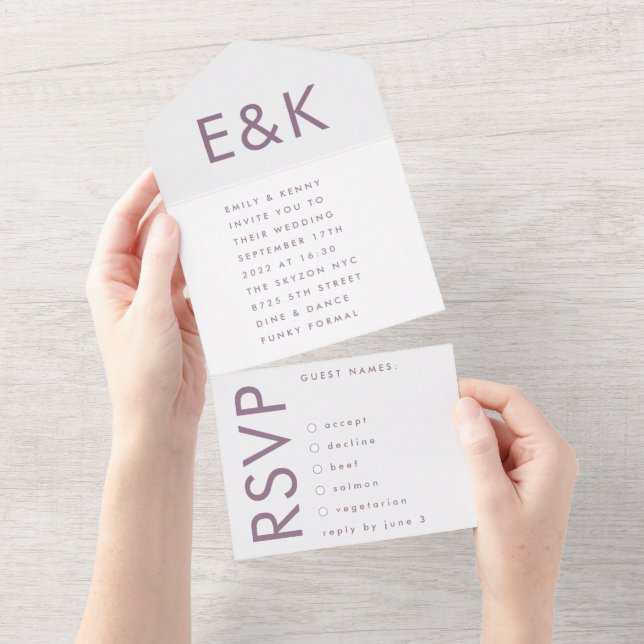 Purple Lilac Modern Monogram Bold Wedding All In One Invitation (Tearaway)