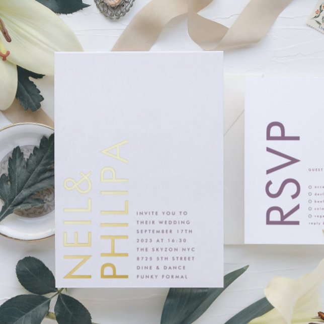 Purple Lilac Modern NAMES Simple Foil Invitation (Invitation showcasing suite - additional items (bought separately))