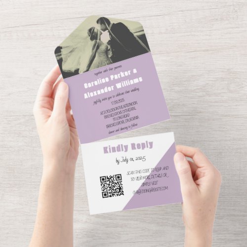 Purple Lilac Modern Simple QR Code Bold Photo All In One Invitation