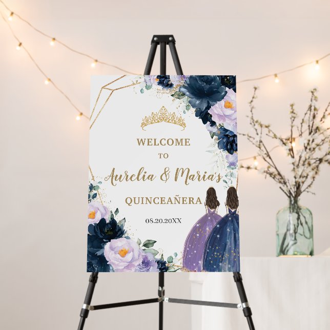 Purple Lilac Navy Blue Floral Twins Quinceañera Foam Board (In Situ (Stand))