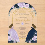 Purple Lilac Navy Blue Floral Twins Quinceañera XV Acrylic Invitations<br><div class="desc">Celebrate a once-in-a-lifetime milestone in style with this stunning twins quinceañera acrylic invitation featuring beautiful purple lilac and navy blue florals, luxurious gold elements, and a unique illustration of two girls—one in a lilac dress, the other in navy blue. Perfect for twin sisters sharing their special day, this modern and...</div>