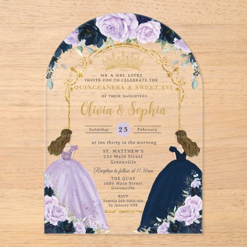 Purple Lilac Navy Blue Floral Twins Quinceañera XV