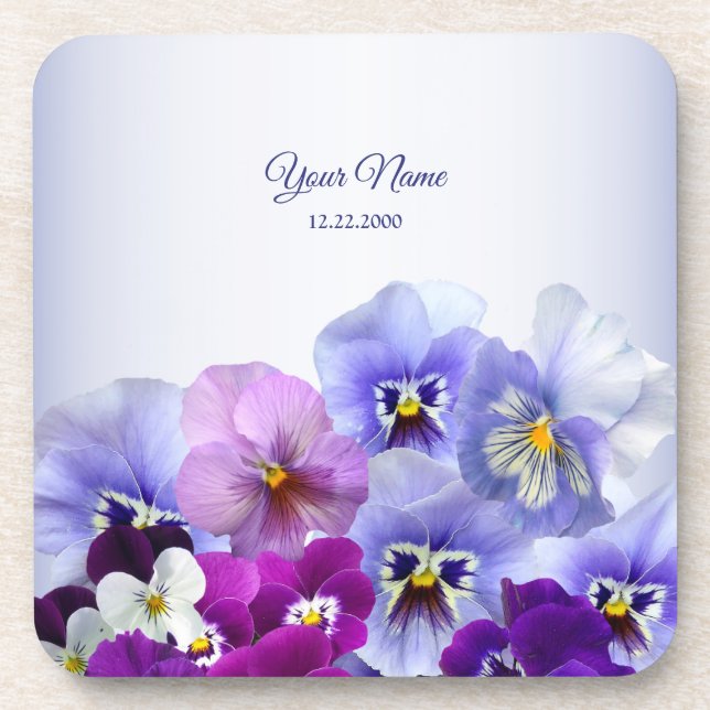 Purple Lilac Pansy Floral Rustic Wedding Party Beverage Coaster (Front)