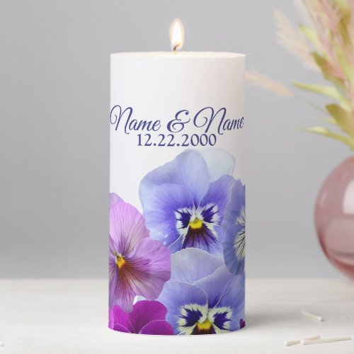 Purple Lilac Pansy Floral Rustic Wedding Party Pillar Candle