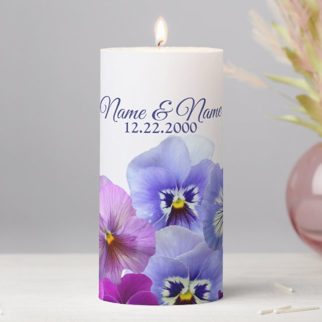 Purple Lilac Pansy Floral Rustic Wedding Party Pillar Candle (In Situ)