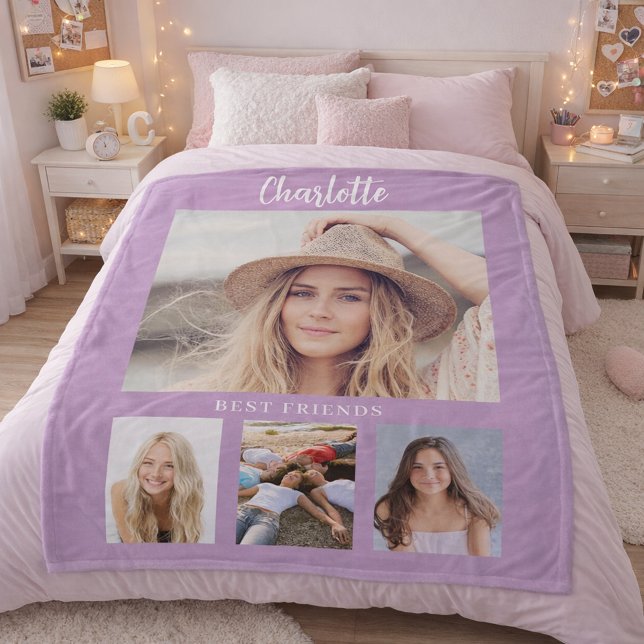 Purple lilac photo collage girl friends fleece blanket (Creator Uploaded)