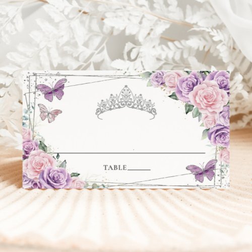 Purple Lilac Pink Floral Butterflies Quinceaera Place Card