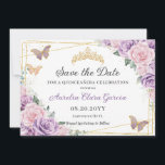Purple Lilac Pink Floral Quinceañera Sweet Sixteen Save The Date<br><div class="desc">Personalize this lovely save the date card with your own wording easily and quickly. Simply click the Edit Using Design Tools button to further edit the text, wording, font style, font size, font color, add more text, move or remove some images. The butterflies and crown are movable, resizable, multipliable and...</div>