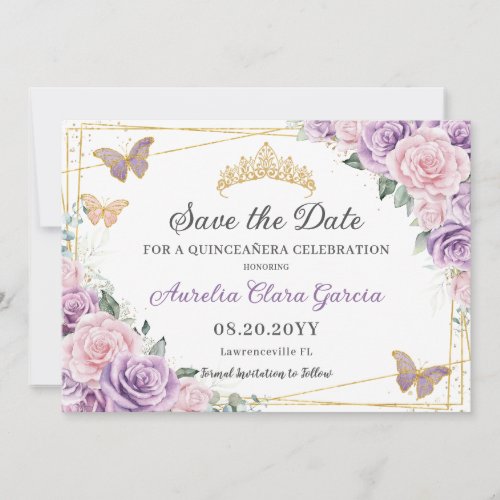 Purple Lilac Pink Floral Quinceaera Sweet Sixteen Save The Date