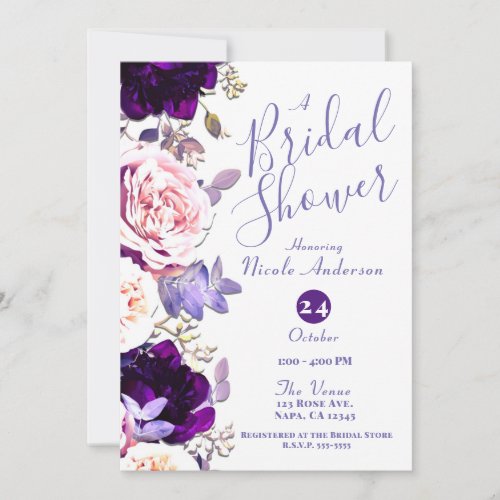 Purple Lilac Pink Rose Floral White Bridal Shower Invitation