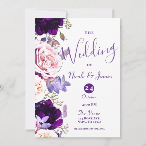 Purple Lilac  Pink Rose Floral White Wedding   Invitation