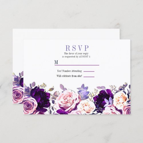 Purple Lilac  Pink Rose Floral White Wedding RSVP Invitation