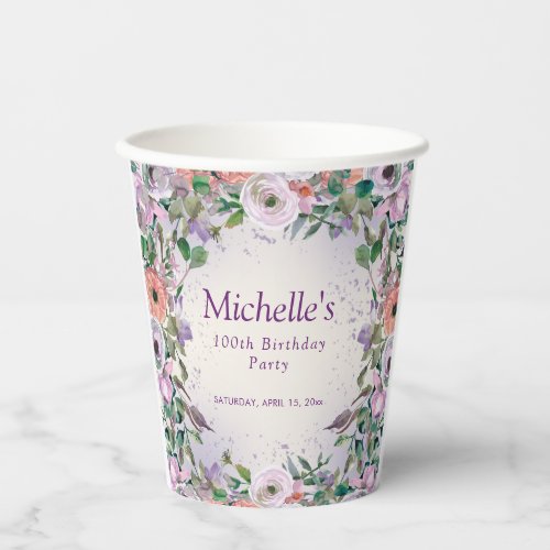 Purple Lilac Pink Watercolor Floral 100th Birthday Paper Cups
