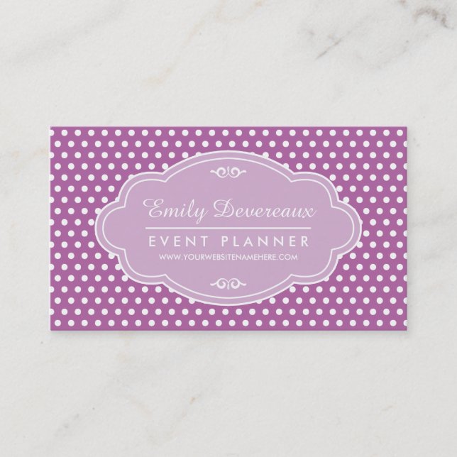 Purple Lilac Polka Dots Personalized Monogram Business Card (Front)