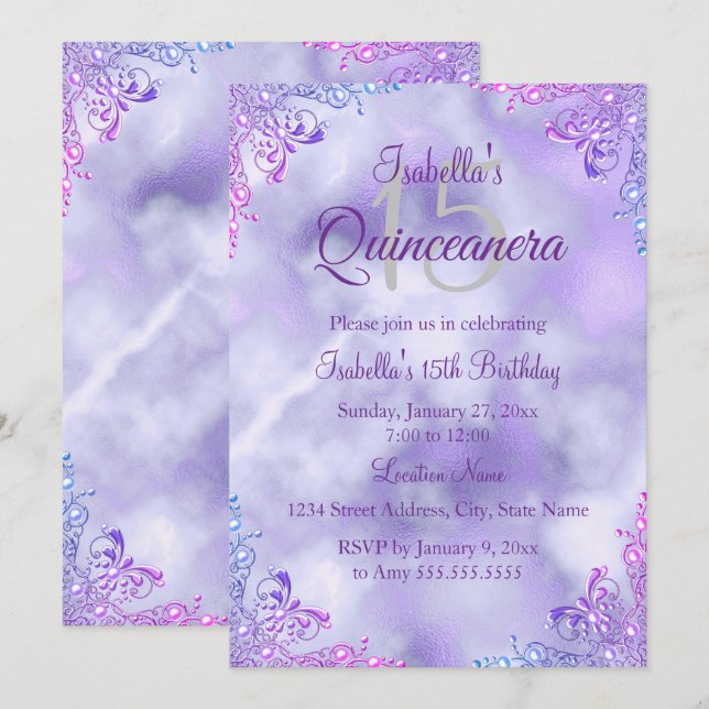 Purple Lilac Quinceanera 15th Silver Pearl Damask Invitation (Front/Back)