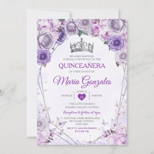 Purple Lilac Quinceaera Crown Mexican Butterfly Invitation