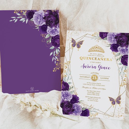 Purple Lilac Quinceaera Gold Tiara Geometric Invitation