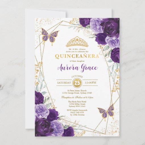 Purple Lilac Quinceañera Gold Tiara Geometric Invitation | Zazzle