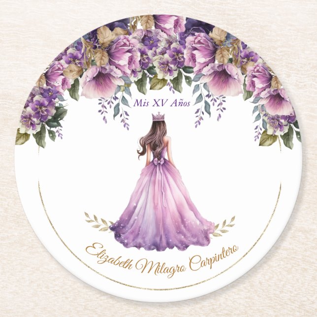 Purple Lilac Quinceañera Paper Coaster (Front)