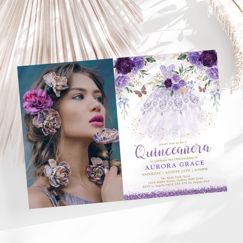 Purple Lilac Quinceaera Princess Dress Butterfly  Invitation