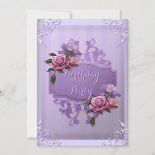 Purple Lilac Rose Stripe Birthday Party Invitation