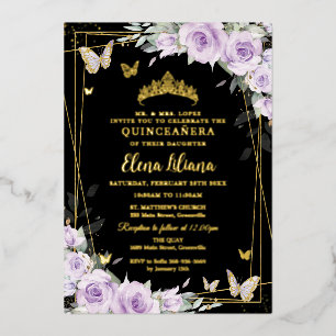 Purple Lilac Roses Floral Black Gold Quinceañera Foil Invitation