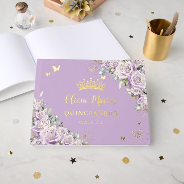 Purple Lilac Roses Floral Gold 15 XV Quinceañera Foil Guest Book (Front Open)