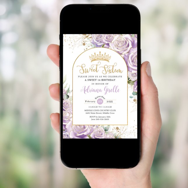 Purple Lilac Roses Floral Gold Sweet 16 Birthday  Invitation (Front Digital)