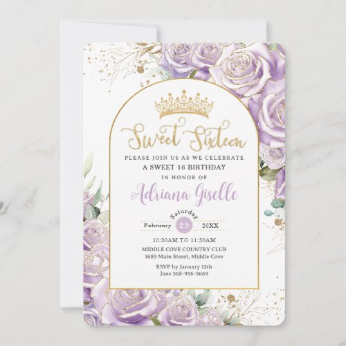 Purple Lilac Roses Floral Gold Sweet 16 Birthday 