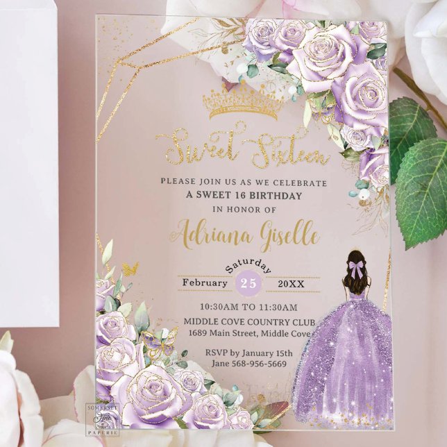 Purple Lilac Roses Floral Princess Sweet Sixteen Acrylic Invitations (Creator Uploaded)