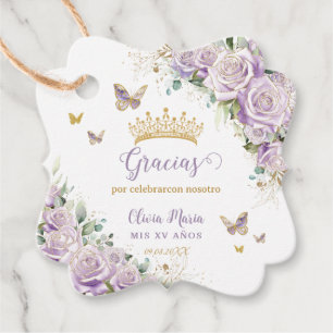 Purple Lilac Roses Floral Quinceanera 15 Bilingual Favor Tags