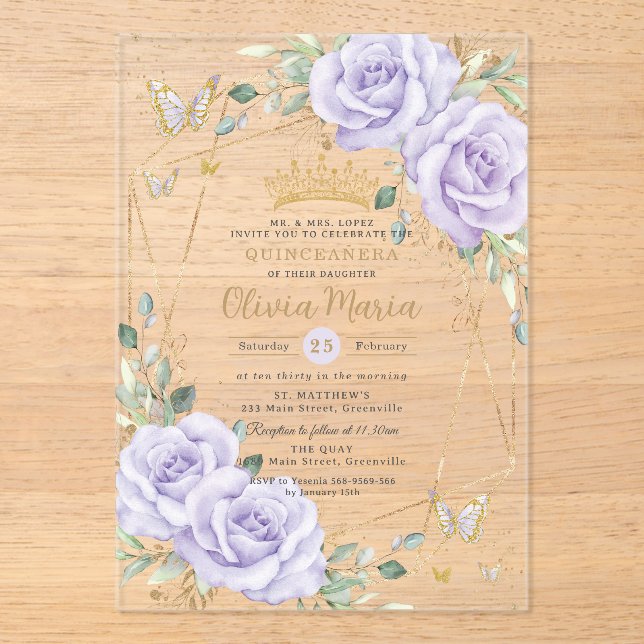 Purple Lilac Roses Quinceanera Mis 15 Anos Acrylic Invitations (Front)