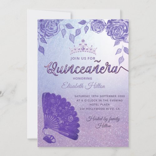 Purple Lilac roses romantic hand fan Quinceaera Invitation