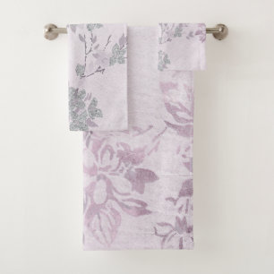 PURPLE LILAC SILVER FLORAL BATHROOM TOWEL SET