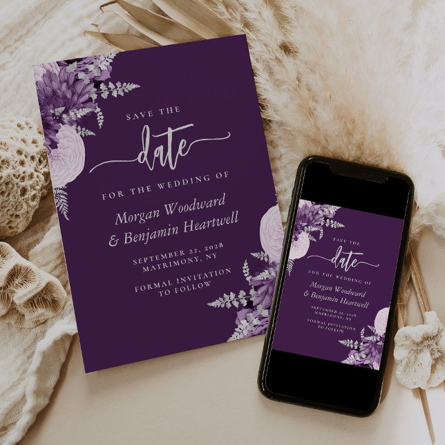 Purple Lilac Silver Floral Wedding Save the Date Invitation (Creator Uploaded)