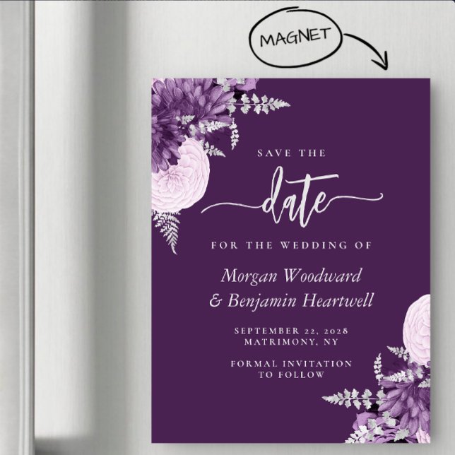 Purple Lilac Silver Floral Wedding Save the Date Magnetic Invitation (Creator Uploaded)