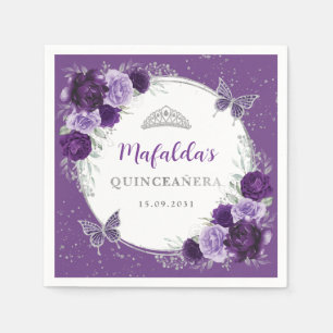 Purple Lilac Silver Flowers Quinceanera Birthday Napkins